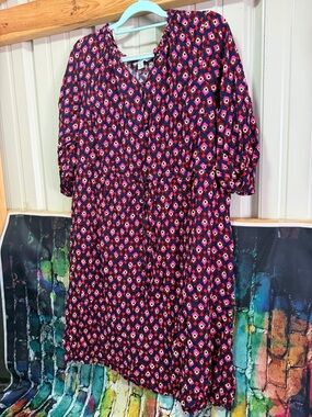 croft & barrow Navy Midi Dress with Pink and Red Geometric Print XL